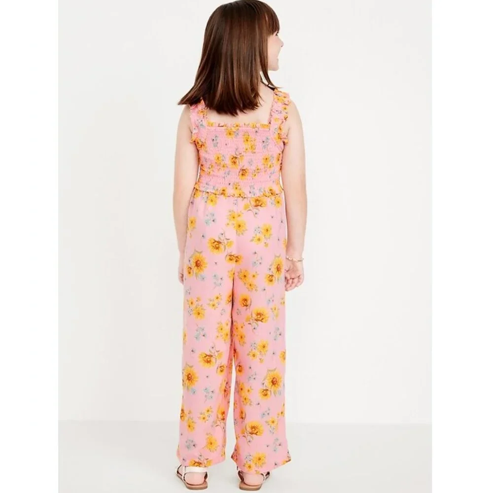 Old Navy Girls Sleeveless Smocked Ruffle-Trim Jumpsuit Pink Sunflower Romper NWT